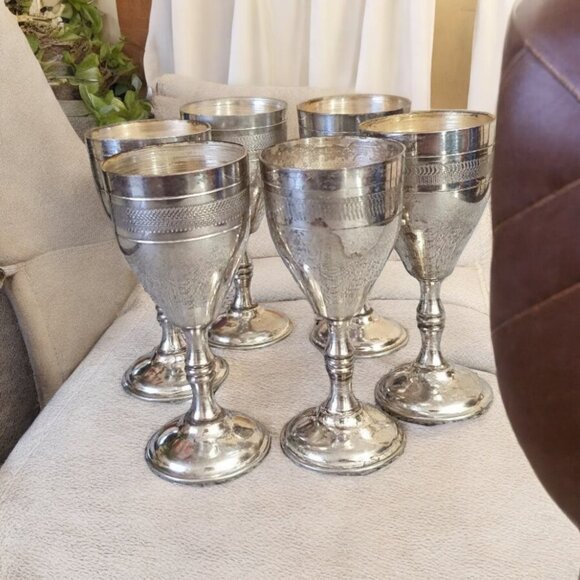 Vintage Pewter Glasses Web, Set of 6 Silver Cordial Glasses - Mid-century/boho - Picture 1 of 6